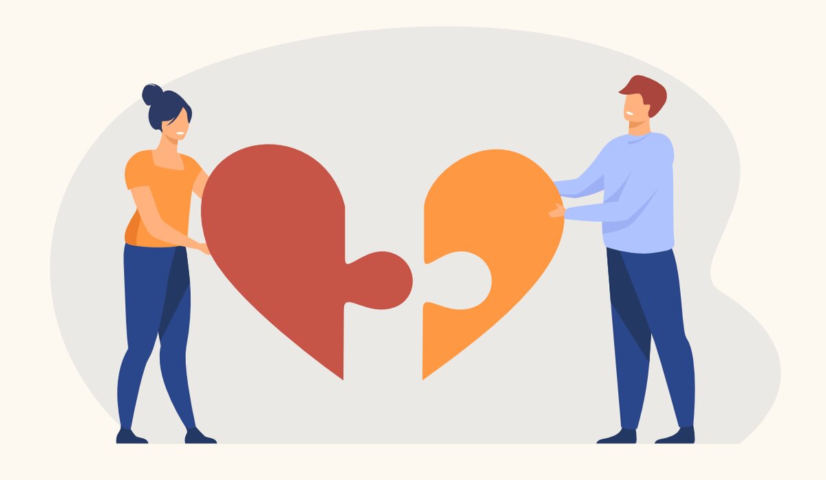 Ilustración de una pareja sentada frente a frente, conversando