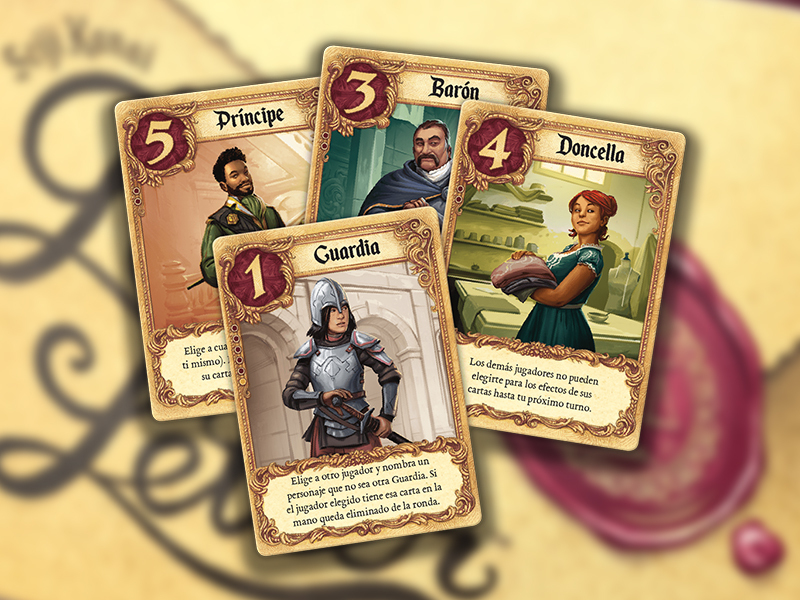 Cartas del juego de mesa Love Letter: Guardia, Barón, Doncella y Príncipe